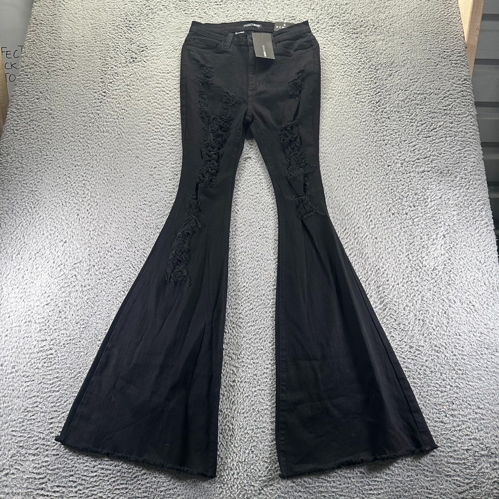 Fashion Nova Jeans Womens 5 Black Cotton Denim Flared Leg Bell Bottom Distressed